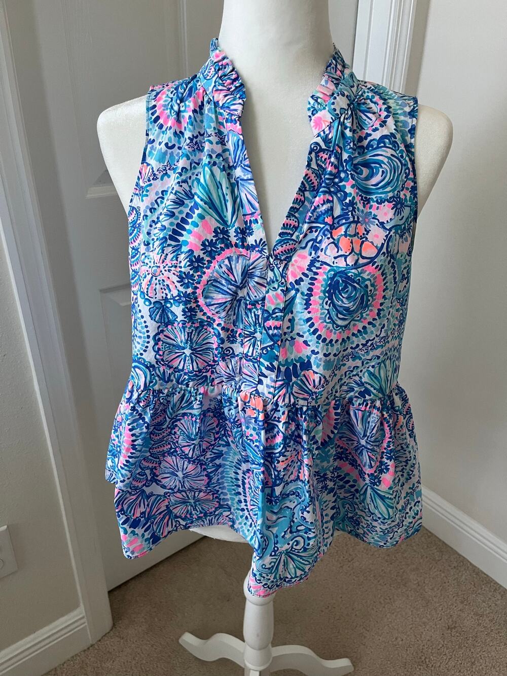 Lilly Pulitzer Novella Ruffle Hem Top S Blue Grotto Commotion In The Ocean